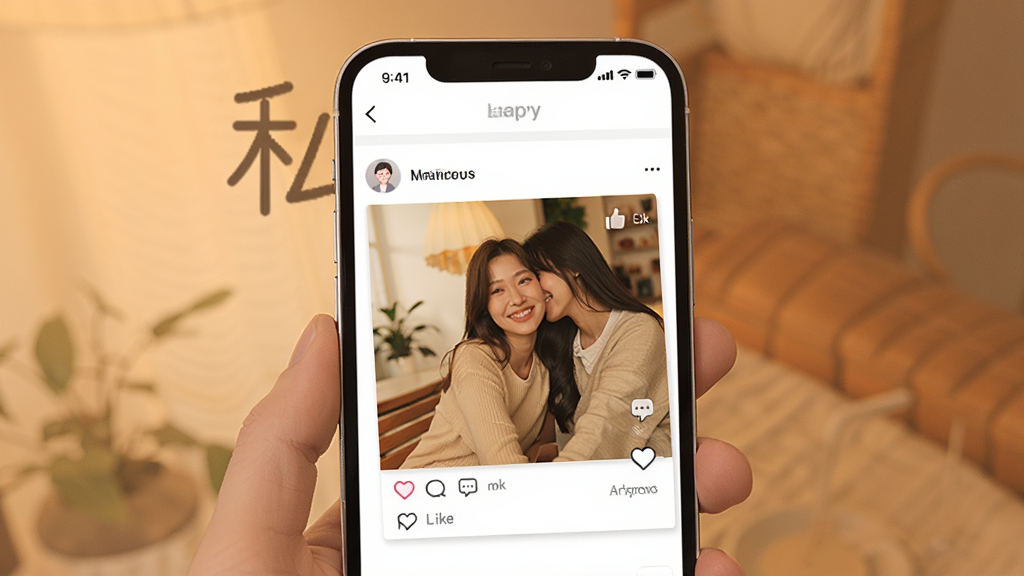 һ��չʾ��˽����APP��̬�������ܵ��ֻ����棬��Ļ����ʾһ��������Ƭ�Ķ�̬�����е��޺�����ͼ�ꡣ�������ʱ�У�����Ϊůɫ����Ӫ����ܰ���罻��Χ�����ֺ����������������ɾ��޶���Ԫ�ء�