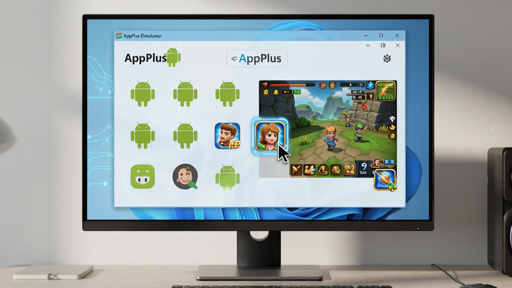 ���壺һ̨�ִ�Windows������Ļ����ʾAppPlusģ�������棬�������а�׿Ӧ��ͼ�����Ϸ���档���֣����Ծ��У���Ļ���������ɼ���ģ��������ռ��Ļ�󲿷֡��Ű棺ģ���������࣬ͼ���������룬����Ϊ����ɫ�Ƽ��С����дʵ3D��Ⱦ����Ӱ��Ȼ��ϸ�ڣ���Ļ����ʾ��AppPlus�������Ͱ�׿������ͼ�������ָ����ͣ����Ϸͼ���ϡ����ʣ�8K�����壬�ɾ��޶���Ԫ��