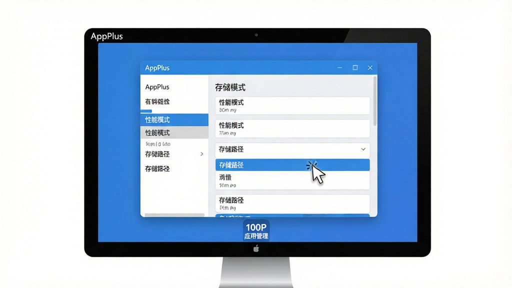 ���壺������Ļ��ʾAppPlus���ý��棬����������ģʽ���͡��洢·����ѡ����֣����ô��ھ��У���๦���б����Ҳ���ϸ���á��Ű棺�����࣬ѡ����������������洢·������ť����񣺱�ƽ��UI����ɫ���⡣ϸ�ڣ���Ļ��Ե�С�AppPlus����ʶ���·��С�Ӧ�ù�����ͼ�ꡣ���ʣ�1080P���ɾ��޶���Ԫ��