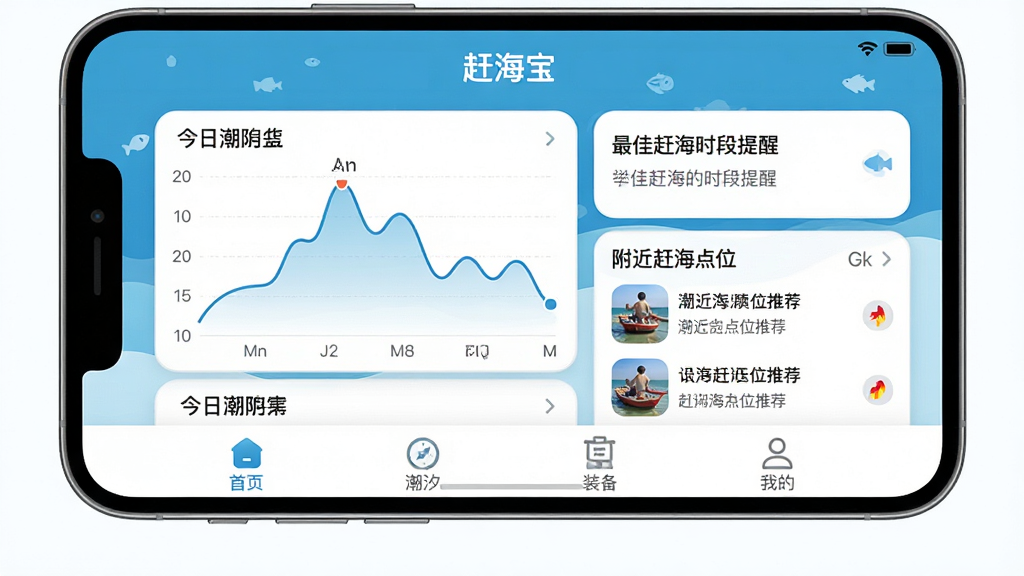 一张高清的智能手机界面截图,展示“赶海宝”APP的主页,界面以海洋蓝为主色调,包含今日潮汐曲线、最佳赶海时间段提醒、附近赶海点位推荐列表,以及底部导航栏“首页、潮汐、装备、我的”,整体风格清新简洁,图标圆润,文字清晰,画质干净,无多余元素
