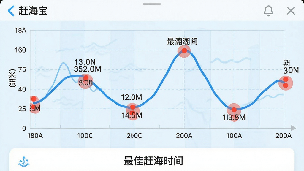 一张“赶海宝”APP的潮汐预测功能截图,展示未来7天潮汐曲线图,横轴为日期,纵轴为潮高(米),曲线用蓝色线条绘制,标注最低潮时间点并用红色圆圈突出,页面底部有“最佳赶海时间”提示卡片,背景为浅蓝色网格,整体风格专业清晰,画质干净