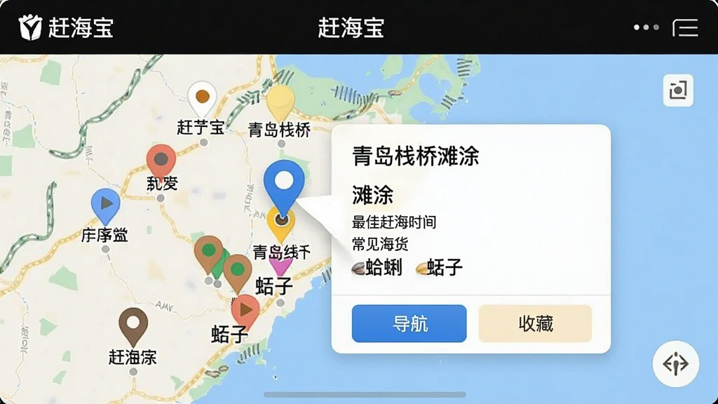 一张“赶海宝”APP的赶海点位地图界面,地图上分布多个彩色图钉,每个图钉标注地点名称,点击其中一个图钉弹出信息卡片,显示“青岛栈桥滩涂”的赶海类型(滩涂)、最佳赶海时间、常见海货(蛤蜊、蛏子),底部有“导航”和“收藏”按钮,地图风格简洁,画质清晰
