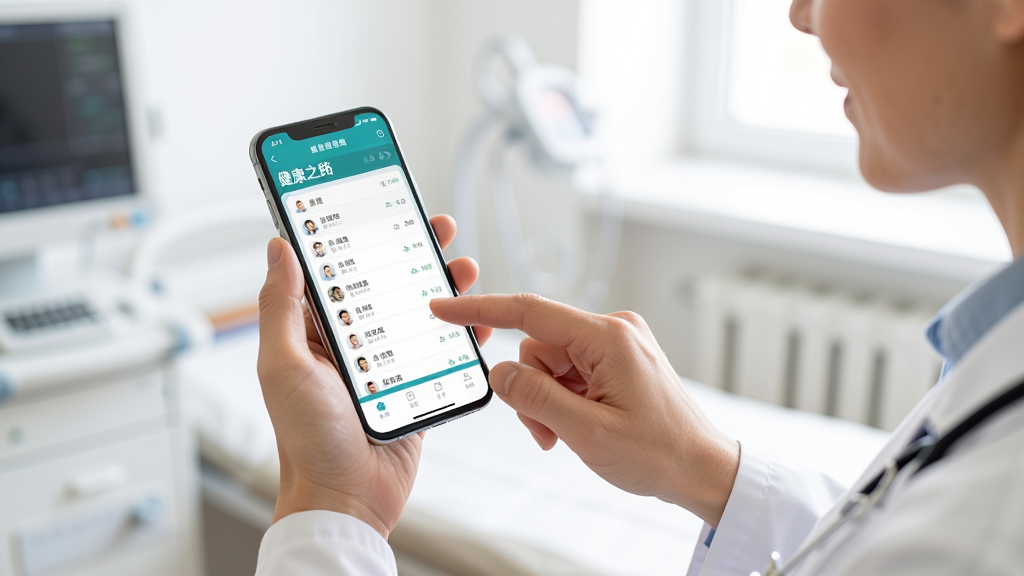 һ��չʾҽ����Ա����ʹ���ֻ��鿴����֮·ҽ���App����Ƭ���ֻ���Ļ��ʾ�Ż����б���ҽ�������״�ӣ���ָ���ڵ����Ļ�����������������ҡ�������ò��ĽǶȣ���ͼ��Ȼ�����߳��㣬���дʵ�����ʸ��壬�ɾ��޶���Ԫ�ء�