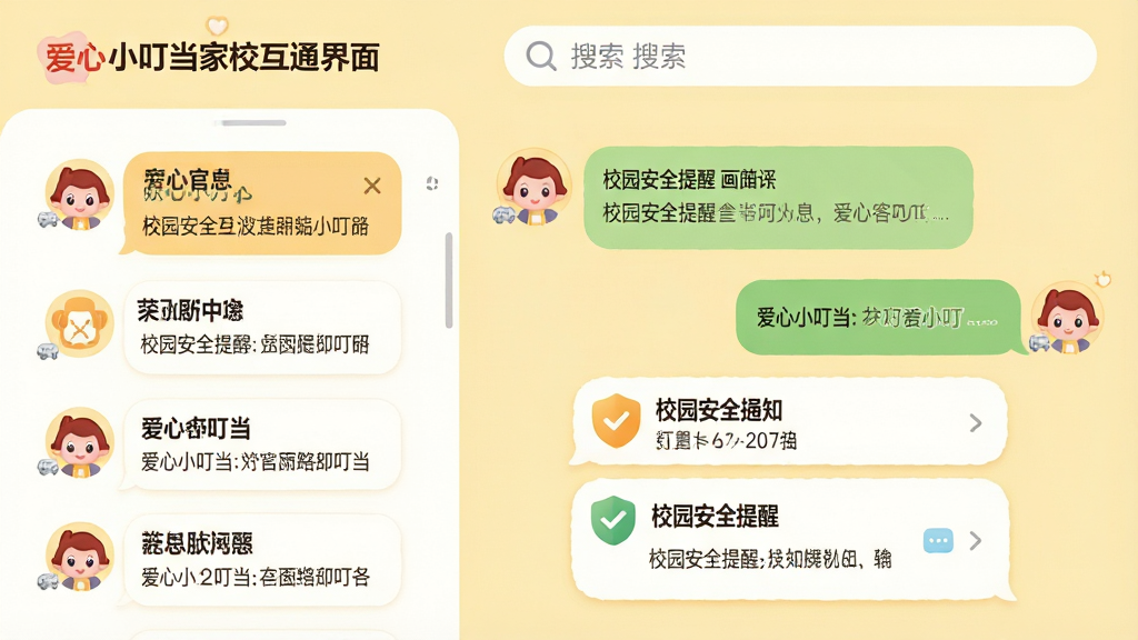 ���壺����С������У��ͨ���棬չʾ���촰����֪ͨ�б������֣������Ϣ�б����Ҳ�Ի����飬���������������Ű棺����ʽ���죬֪ͨ��Ƭ�������¡������ů�Ѻã�ǳ��ɫ����������Բ��ͼ�ꡣϸ�ڣ��������С�����С�������ٷ��ͷ��˺ţ�֪ͨ����Ϊ��У԰��ȫ���ѡ������ʣ����壬�ɾ��޶���Ԫ�ء�
