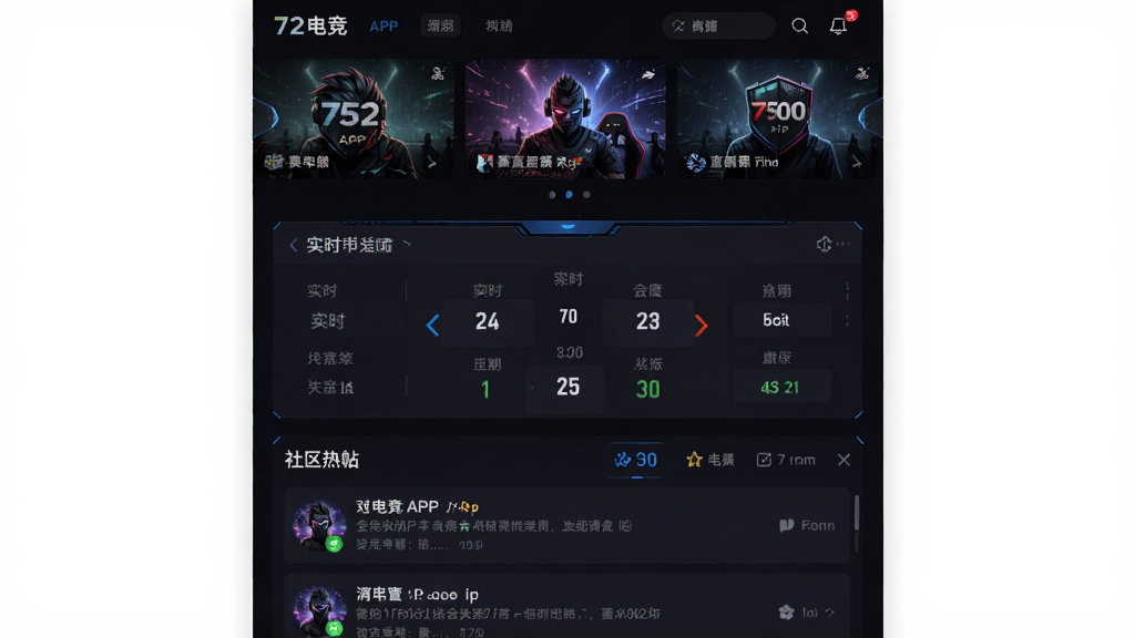 72�羺APP������Ԥ��ͼ��չʾ��ɫ�Ƽ���UI��ƣ�����Ϊ����ֱ���Ƽ��ֲ�ͼ���м���ʵʱ�ȷ�������壬�ײ�Ϊ���������б������岼������������ſ�羺�磬�߻��ʣ��ɾ��޶���Ԫ��