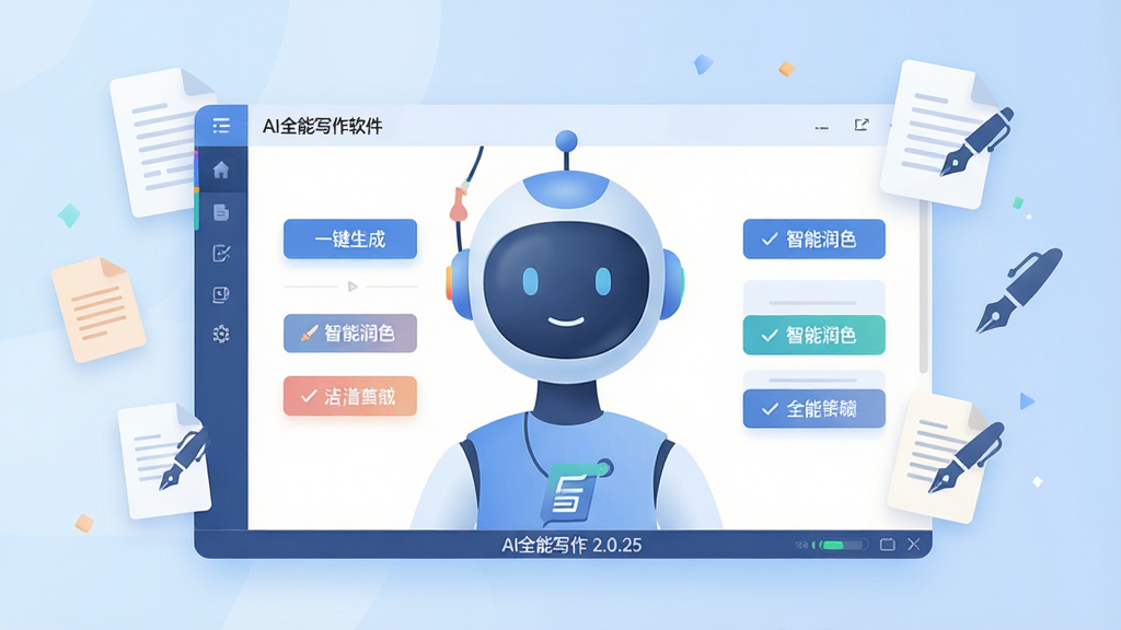 ���壺AIȫ��д�������������棬չʾһ�������д������������Χ�����Ÿ����ĵ��ͱʵ�ͼ�ꡣ���֣����й�ͼ����������ռ�ݻ������壬����Ϊǳ��ɫ���䣬����������Ű棺��������ʾ������ܰ�ť���硰һ�����ɡ�����������ɫ���ȣ���������������ִ��Ƽ��У���ƽ����ƣ�ɫ����͡�ϸ�ڣ��ڽ����·���һ��״̬������ʾ��AIȫ��д�� 2.0.25�����������ʣ����壬�ɾ����޶���Ԫ�ء�