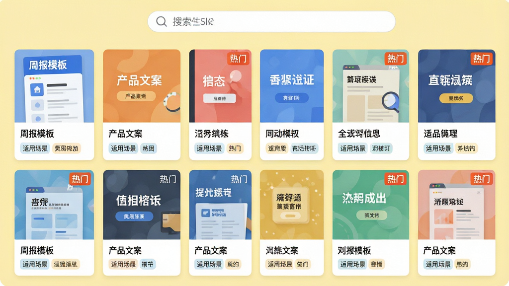 ���壺AIȫ��д����ģ�����棬��������ʽչʾ����ģ����棬�硰�ܱ�ģ�塱������Ʒ�İ����ȡ����֣�ģ�忨Ƭ�������У�����Ϊǳ��ɫ�����������������Ű棺ÿ����Ƭ�·���ģ�����ƺ����ó�����ǩ��������¼�࣬��ƽ��ͼ�ꡣϸ�ڣ����ֿ�Ƭ���Ͻ��С����š���ǣ�����ɫ�����졣���ʣ����壬�ɾ����޶���Ԫ�ء�