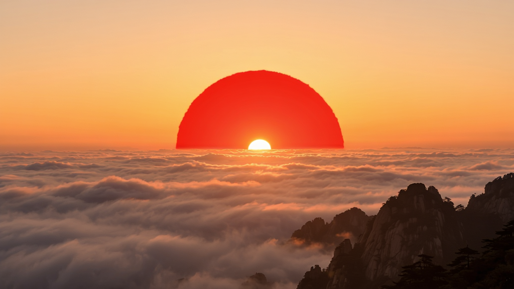 泰山日出屏幕保护主界面,画面中央是喷薄而出的红日,下方是翻滚的云海,山峰剪影若隐若现,整体暖色调,画质细腻,干净无多余元素,突出旭日东升的壮丽与宁静,风格写实唯美
