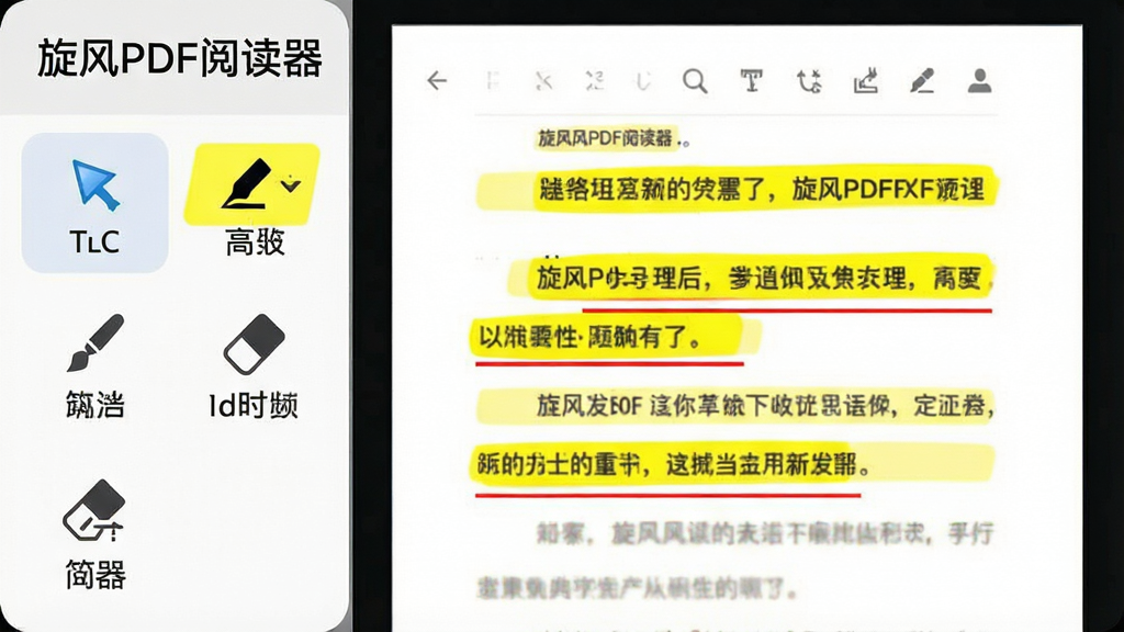 һ�Ź���չʾͼ�����Ϊ������PDF�Ķ������Ĺ�����������ѡ�񡢸��������ʡ���Ƥ���ȹ���ͼ�꣬�Ҳ�ΪPDFҳ���д��л�ɫ�����ͺ�ɫ�»��ߵ����֣������������ˣ�ɫ�����ޣ������������޶���Ԫ��