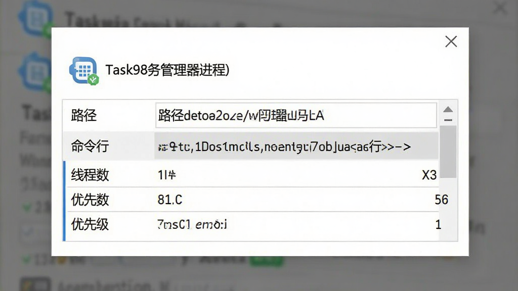 主体:Task98任务管理器进程详细信息弹窗;布局:弹窗居中,上方为进程图标和名称,下方为多行信息字段;排版:字段名称左对齐,内容右对齐,清晰分列;风格:简洁商务风,白底灰框;细节:包含“路径”、“命令行”、“线程数”、“优先级”等条目;画质:高清,干净,无多余元素