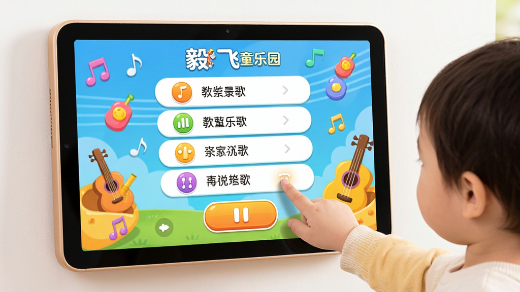 ��ɶ�ͯ��԰���ֲ��Ž��棬��Ļ���ж����б��Ͳ��Ű�ť�������������Ϳ�ͨ�������������ڵ����Ļ��ɫ�����ޣ����ּ�࣬���ʸ��壬�ɾ��޶���Ԫ��