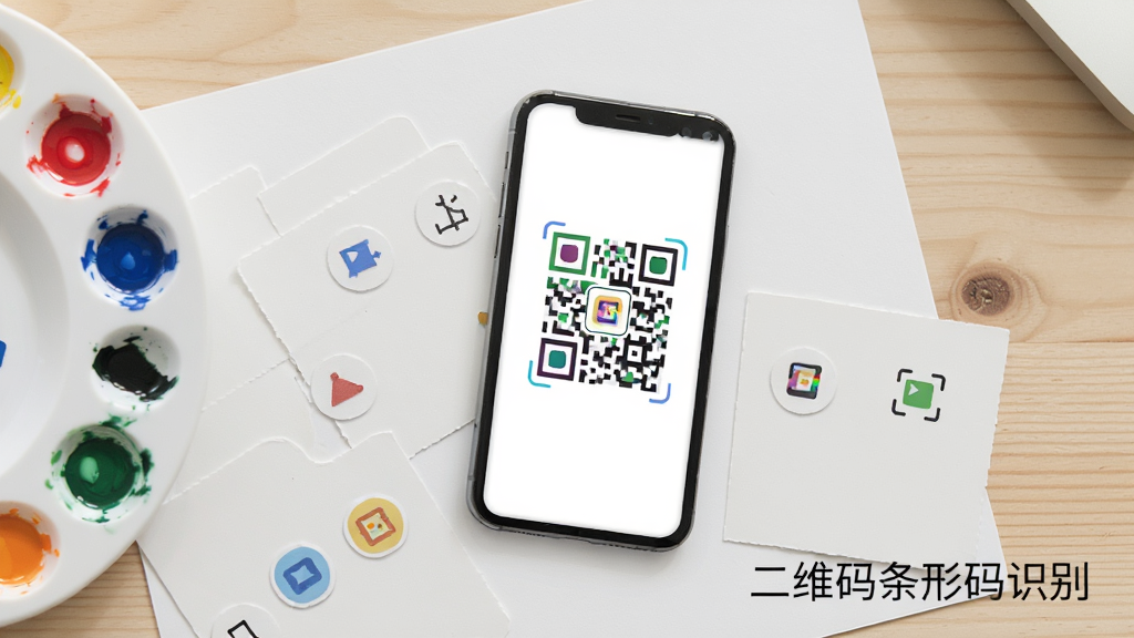 ����Ϊ���温���ӽǣ�һ�Ű�ֽ�ϰڷ����ֻ��ͼ���С��Ƭ���ֻ���Ļչʾһ����ɫ�Զ����ά�룬�Ա��е�ɫ�̺ͼ���Сͼ�꣬����Ϊǳľɫ���棬����Ϊƽ��ʽ�������ˬ��ϸ�ڰ�����ά�����ĵ�Сͼ���ֽ�����������ʸɾ����޶���Ԫ�أ�ͼƬ���½Ǳ�ע����ά��������ʶ��������
