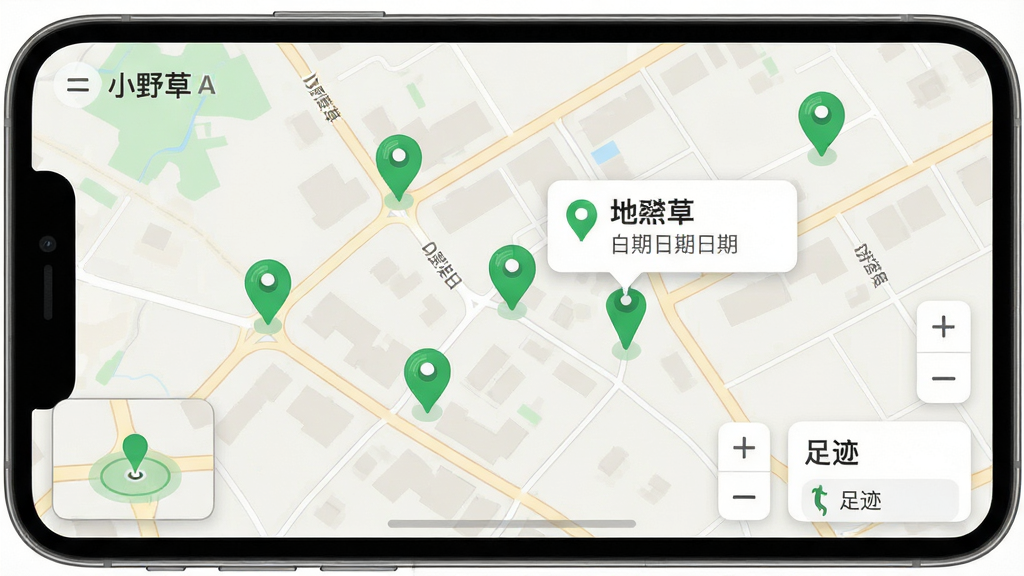 ���壺СҰ��APP�����ߵ�ͼ���棬��ʾһ�Ŵ��б�ǵ�ĵ�ͼ�����֣���ͼռ����Ļ�����½������Ű�ť�͡��㼣��ͳ�ƿ�Ƭ���Ű棺��ǵ�����ɫͼ����ʾ������󵯳��ص����ƺ����ڡ���񣺵�ͼ����࣬��·��������ǵ���Ŀ��ϸ�ڣ����½���һ��С����ʾ��ǰ��λ������ɫ����͡����ʣ������ͼ��Ⱦ���ɾ��޶���Ԫ�ء�