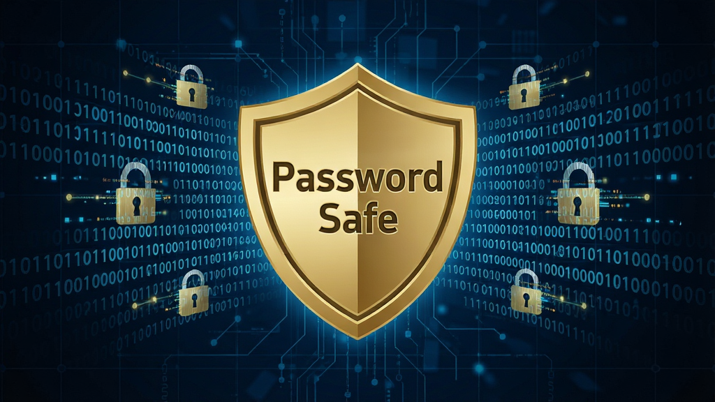 һ��չʾPassword Safe���ܹ��̵ĳ������ͼ����������Ϊһ����ɫ����ͼ�꣬�����Ͽ��С�Password Safe����������Χ�����Ÿ��ӵĶ����ƴ��������ͼ��������Ϊ����ɫ�Ƽ�������������Ӳ��רҵ��ͻ������ǿ�ȣ����ʸ��壬���־��жԳơ�