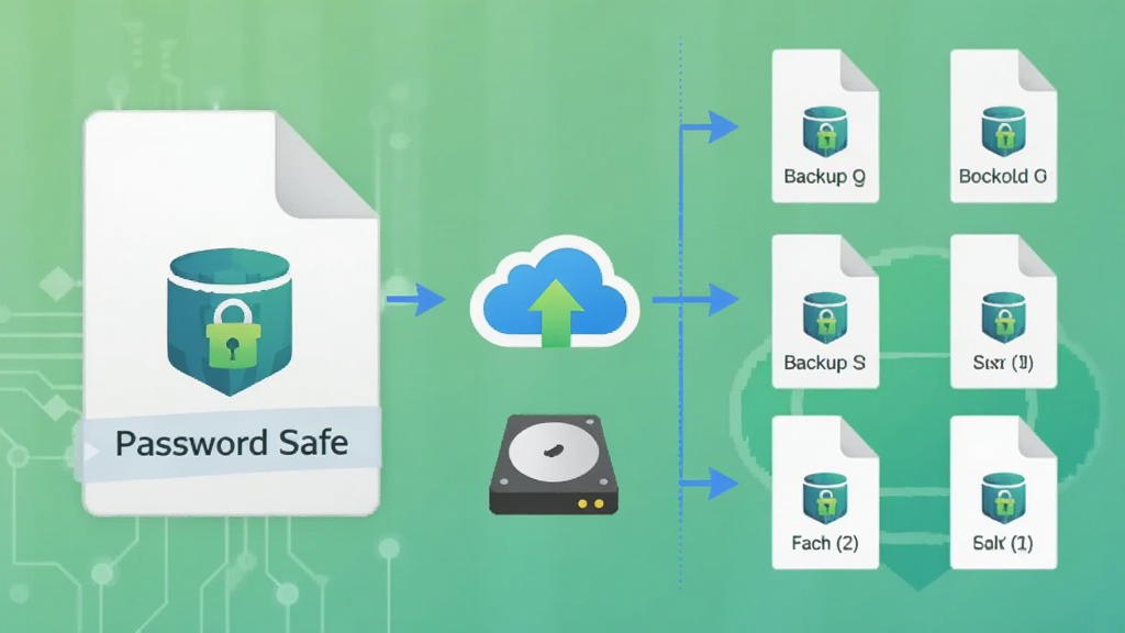 һ��չʾPassword Safe�Զ����ݹ��ܵ�ʾ��ͼ���������Ϊ���С�Password Safe��ͼ������ݿ��ļ����Ҳ�Ϊ��������ļ��������м��м�ͷָ���ƴ洢���ⲿӲ��ͼ�꣬����Ϊǳ��ɫ�Ƽ��н��䣬ͻ�����ݰ�ȫ�ͱ��ݵĸ���������������ּ�����ˡ�