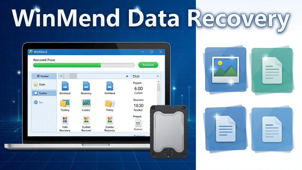 ���壺һ̨�ʼǱ�������Ļ����ʾWinMend Data Recovery�������棬��������һ����ɫ�Ļָ����������ļ��б����Ա���һ���ƶ�Ӳ�̡����֣�����λ�ڻ�������ƫ���Ҳ����������ð�͸��ɫ��չʾ���һص���Ƭ���ĵ�ͼ�ꡣ�Ű棺�������½ṹ���Ϸ����������ơ�WinMend Data Recovery����Ӣ�ı�ʶ���·��Ǻ��Ĺ���ͼ�����С�����ִ��Ƽ��У���ƽ����ƣ���ɫ���ɫ��ɫ����������ɫ������ť��ϸ�ڣ���Ļ���ļ�ͼ�������ɱ棬����΢С��â��Ч������Ϊ����ɫ�������񡣻��ʣ�8k�ֱ��ʣ��ɾ����޶���Ԫ�ء�