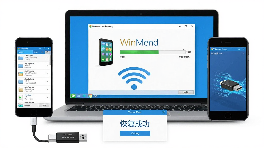 ���壺һ�������ֻ���һ̨�ʼǱ����Բ��Űڷţ���Ļ����ʾWinMend Data Recovery�������н��棬�ֻ�ͨ������������һ��U�̡����֣����ҷ�����ͼ�������ԣ��Ҳ��ֻ����м�����������ͼ�����ӡ��Ű棺ˮƽ�Գƣ��ײ��С��ָ��ɹ������������ʵ�ý̷̳�񣬽����ͼ���ɫ��������ϸ�ڣ��ֻ���Ļ��ʾ�ļ��б���������Ļ��ʾɨ���������U�����������������Ч�����ʣ��������ȣ��ɾ����޶���Ԫ�ء�