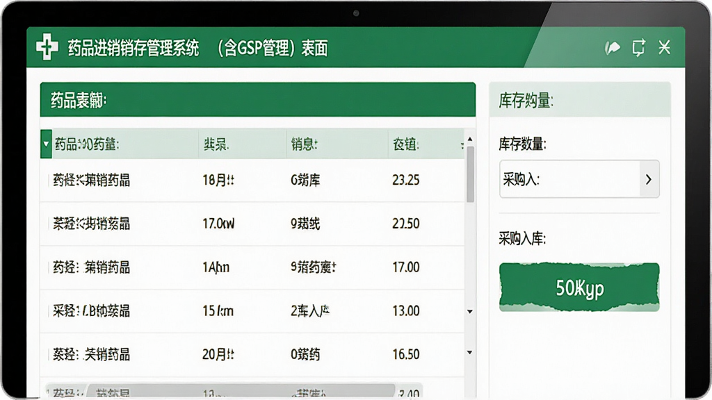药品进销存管理系统(含GSP管理)主界面截图,展示药品列表、库存数量、采购入库按键,整体风格简洁清晰,绿色医疗主题,界面布局合理,文字标签清晰,高画质,干净无多余元素