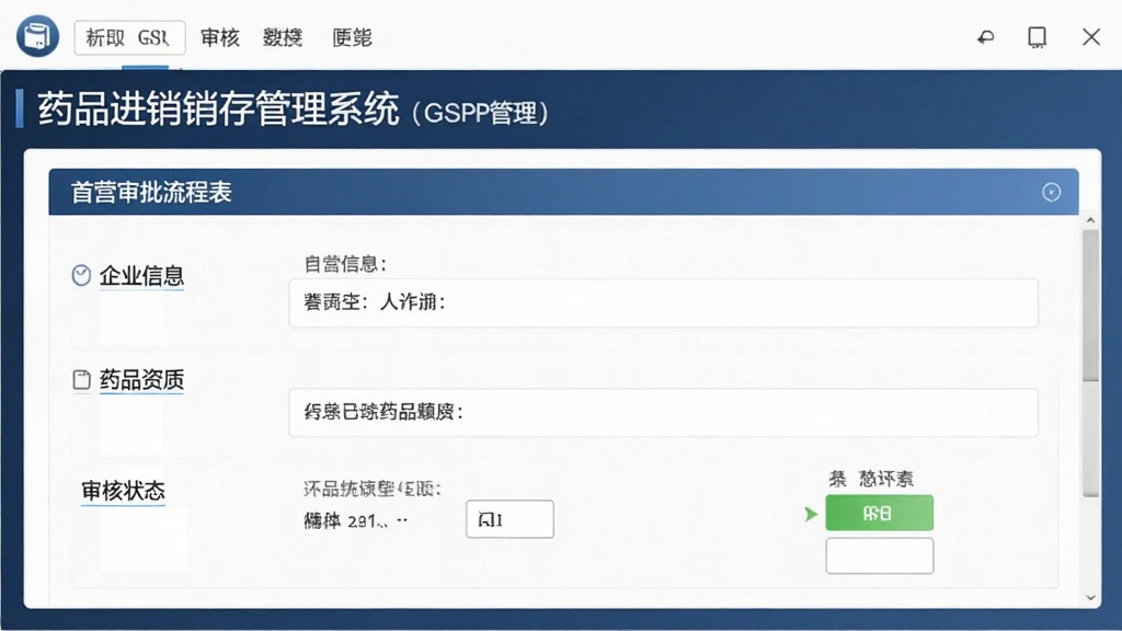药品进销存管理系统(含GSP管理)的GSP管理界面,显示首营审批流程表单,包含企业信息、药品资质、审核状态,界面风格专业商务,布局清晰,文字标签可读,画质干净,无多余元素