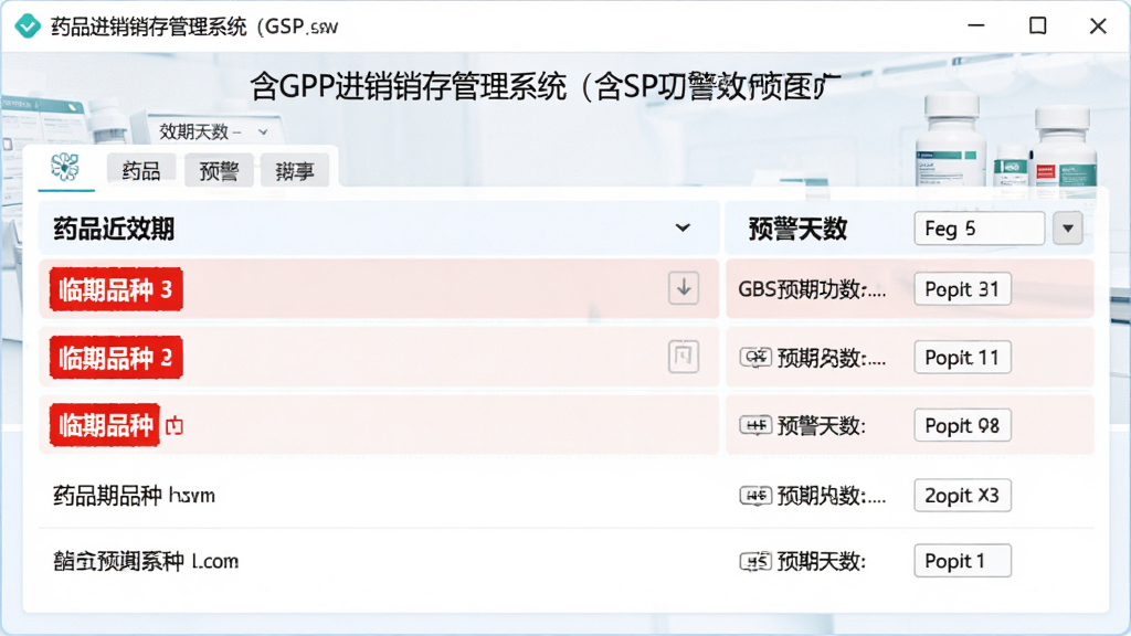 药品进销存管理系统(含GSP管理)效期预警功能截图,显示药品近效期列表,红色标注临期品种,预警天数清晰,界面简洁直观,医疗风格,高画质,干净无多余元素