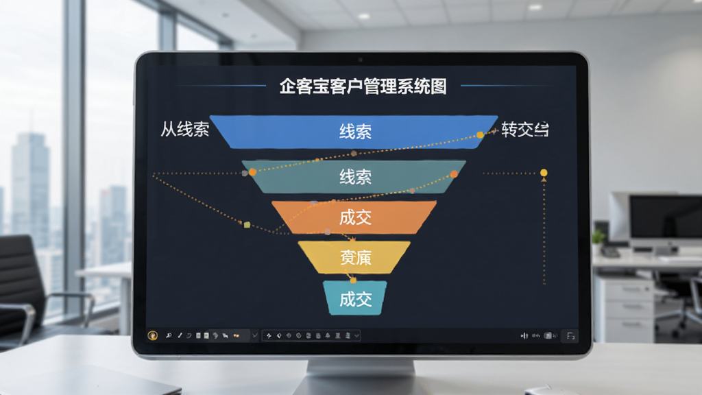 企客宝客户管理系统销售漏斗图表,展示从线索到成交的转化过程,彩色数据条,商务风格,背景为办公室场景,高画质,干净,无多余元素