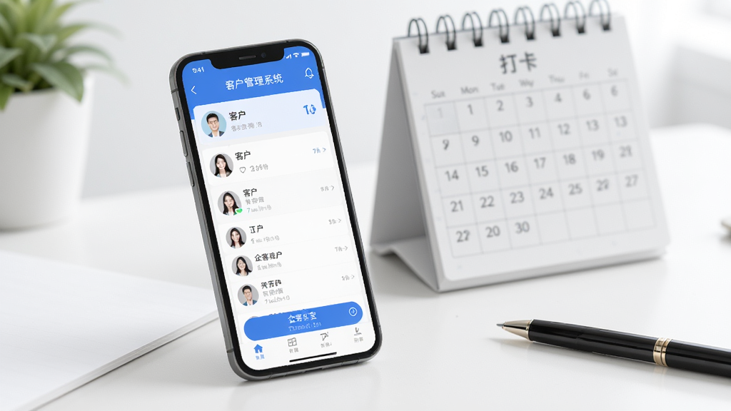 企客宝客户管理系统手机APP界面,显示客户列表和打卡功能,手机旁边有日历和笔,桌面背景,简洁明亮,高画质,干净,无多余元素