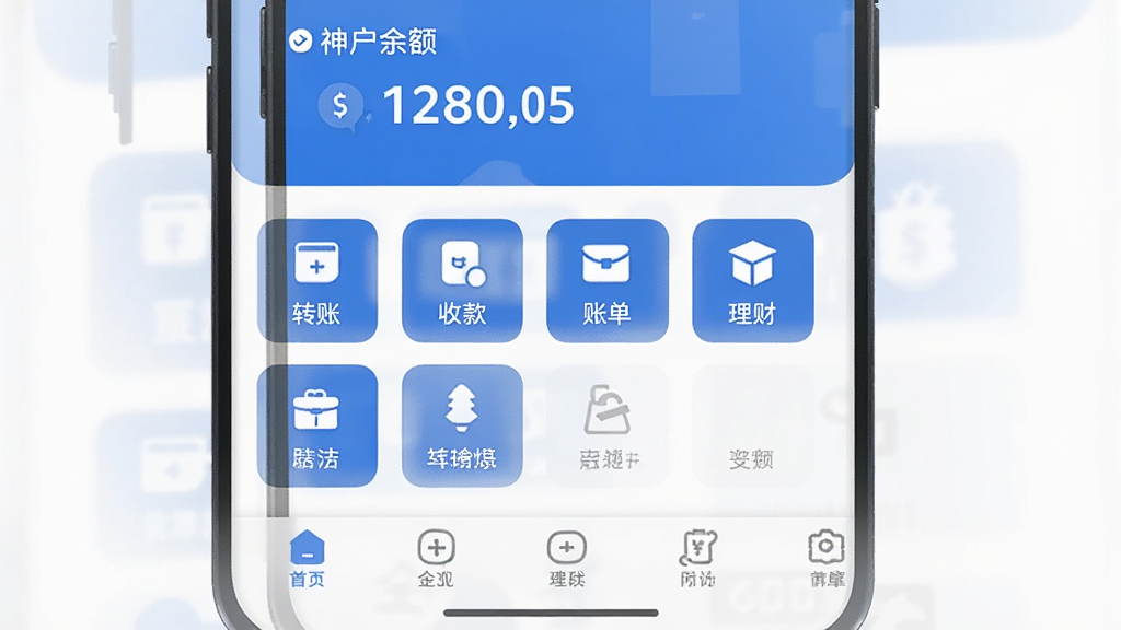 �ֻ���Ļ����ʾ���и�APP�����棬���沼�ּ�࣬�Ϸ���ʾ�˻����м�Ϊ����ͼ����󣬰���ת�ˡ��տ�˵������Ƶȣ��·�Ϊ�ײ����������������ִ���ƽ��������ɫΪ��ɫ�������԰�ɫ�����������������ɾ��޶���Ԫ��