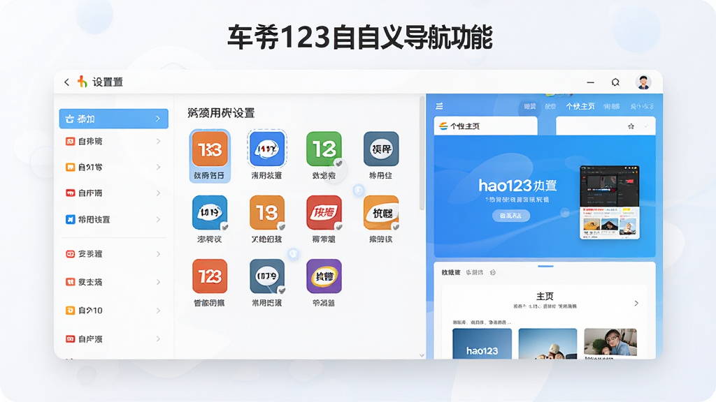 һ��չʾhao123�Զ��嵼�����ܵ�ͼƬ���������������ý��棬�û�����������ק�����г�����վ�Ŀ��ͼ�꣬���Ϊ�����ӵ���վ�б����Ҳ�Ϊ���Ի���ҳԤ��Ч�����������ִ���࣬ǿ�����ܵ�ʵ���Ժ��Զ�������ԣ�����Ԫ��������ɫ�����죬����ϸ�塣