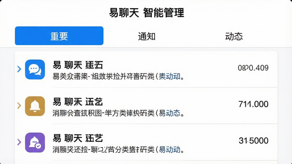 主体:易聊天消息分类管理界面,展示三个标签页“重要”“通知”“动态”。布局:顶部为标签栏,下方为消息列表,每条消息左侧有分类图标。排版:列表式,图标与文字对齐。风格:简洁商务,白色背景,蓝色高亮。细节:每条消息右侧有时间戳,分类图标颜色区分。画质:高清,干净,无多余元素,文字标注为“易聊天 智能管理”