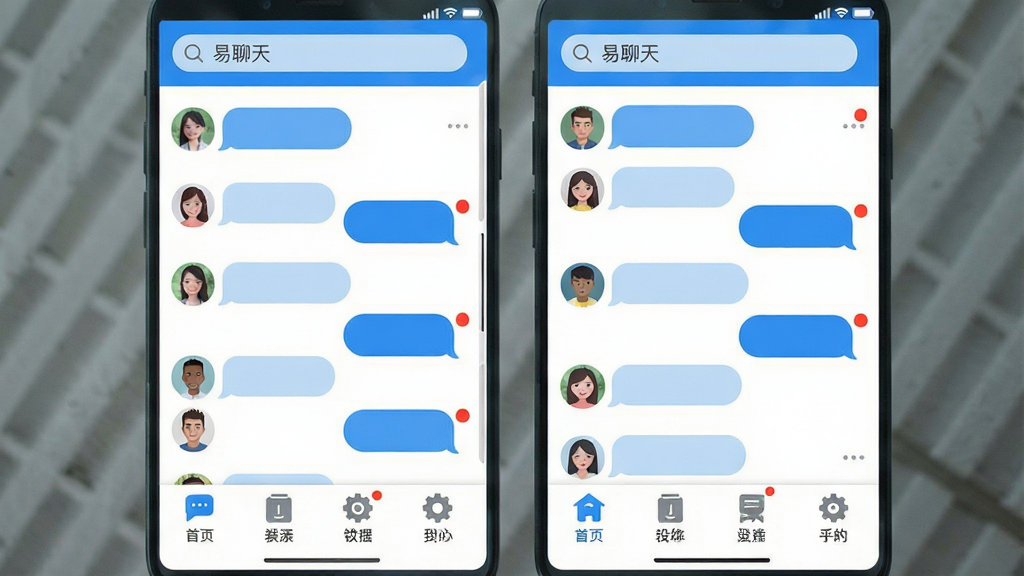 主体:易聊天软件主界面,展示聊天列表与底部导航栏,界面干净明亮。布局:顶部为搜索栏,中部为对话框列表,底部为四个功能图标。排版:左右对称,图标下方配文字标签。风格:扁平化设计,蓝色主色调,白色背景。细节:聊天气泡圆润,头像清晰,未读消息红点提示。画质:高清,干净,无多余元素,文字标注为“易聊天”