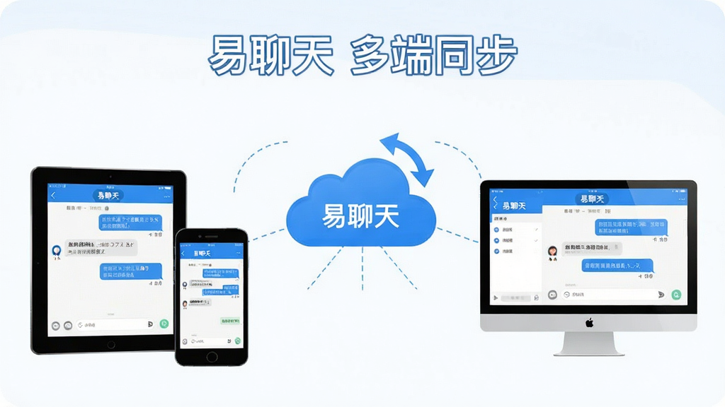主体:易聊天多端同步示意图,展示手机、平板、电脑三台设备围绕一个云端图标。布局:中心为云朵图标,三台设备呈三角排列,设备屏幕上有相同对话界面。排版:对称布局,设备之间用虚线连接。风格:现代扁平,蓝色与白色。细节:设备屏幕中显示“易聊天”界面,云朵上有同步箭头。画质:高清,干净,无多余元素,文字标注为“易聊天 多端同步”
