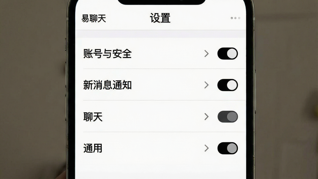 主体:易聊天使用指南界面,展示设置菜单列表。布局:从上到下排列“账号与安全”“新消息通知”“聊天”“通用”等选项。排版:列表式,每行右侧有箭头图标。风格:简洁清爽,白色背景,黑色文字。细节:顶部有“设置”标题,部分选项右侧有开关按钮。画质:高清,干净,无多余元素,文字标注为“易聊天 设置”