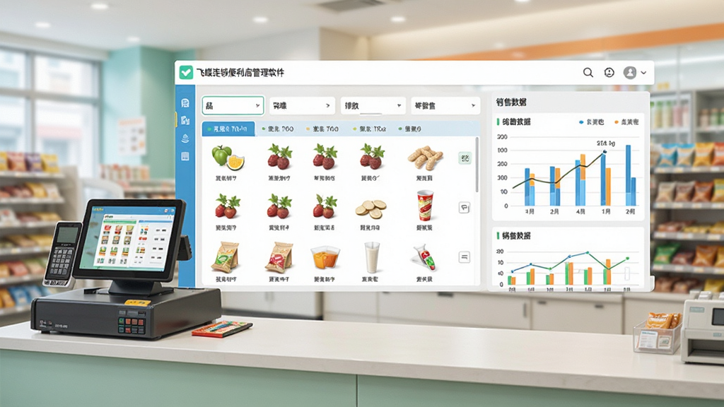 飞蝶连锁便利店管理软件主界面预览图,展示清晰的收银台、商品列表、销售数据图表,布局简洁,风格现代,色彩明亮,细节精致,画质干净无多余元素