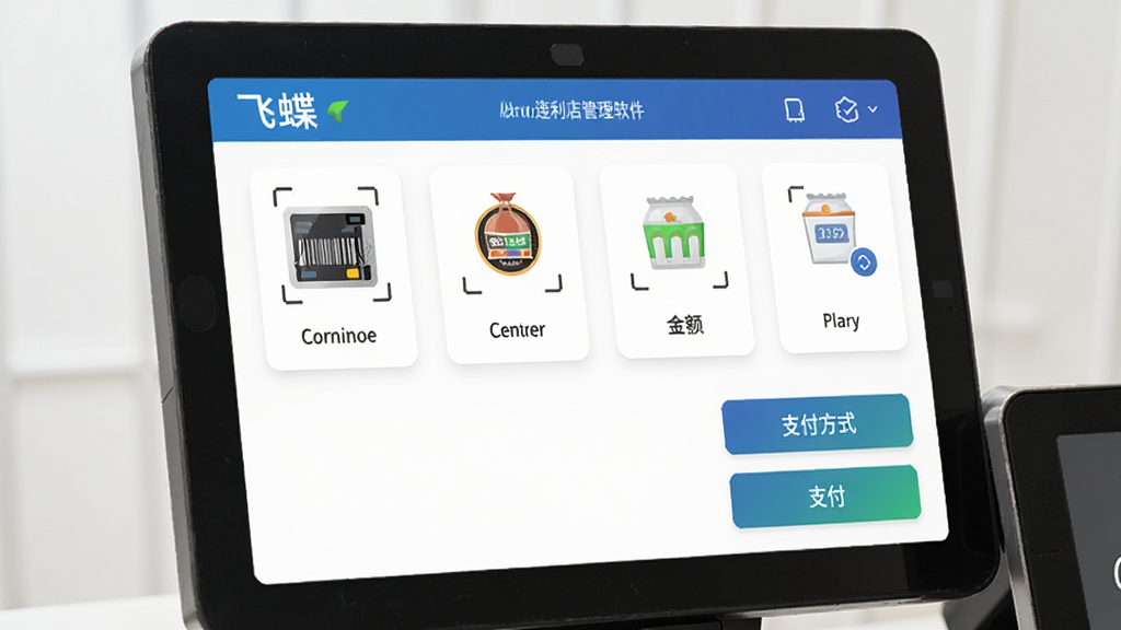 飞蝶连锁便利店管理软件收银台操作界面,显示商品扫描、金额结算、支付方式选择,界面清爽,图标清晰,风格现代,画质干净