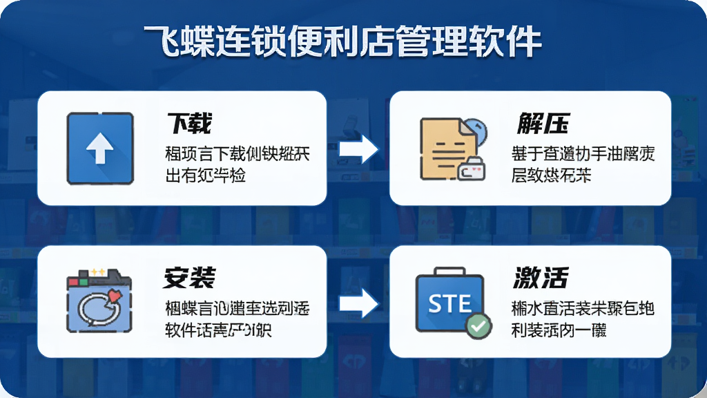 飞蝶连锁便利店管理软件安装步骤示意图,包含下载、解压、安装、激活四个步骤,图文并茂,风格简洁,画质清晰