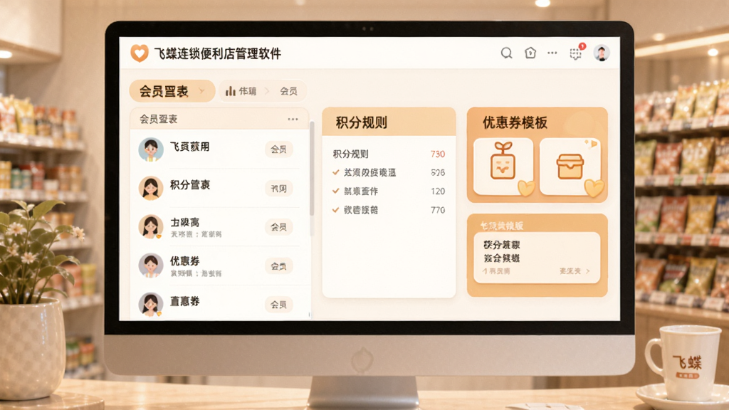 飞蝶连锁便利店管理软件会员营销界面,展示会员列表、积分规则、优惠券模板,温馨风格,界面友好,细节精致,画质干净