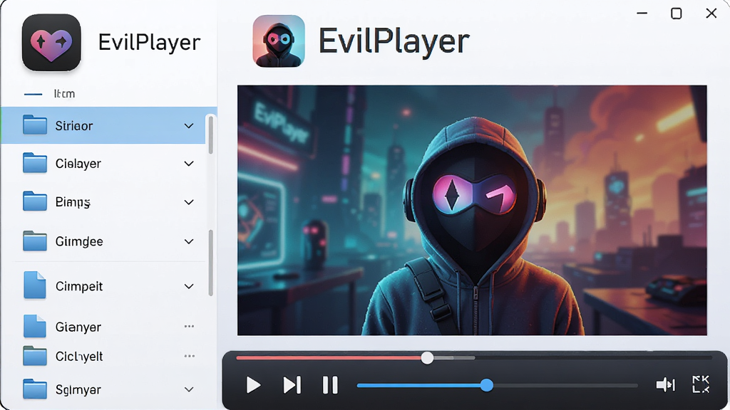 ���壺EvilPlayer����ͼ�꼰���Ž��棬���й�ͼ�����֣����Ϊ�ļ��б����Ҳ�Ϊ������Ƶ���Ż��棬�ײ�Ϊ���������Ű棺ͼ���Ϸ��С�EvilPlayer������������ִ��Ƽ��У�����ɾ�������ϸ�ڣ����Ż���ɫ�����ޣ��������в���/��ͣ/�����������ʣ�8K���壬�ɾ����޶���Ԫ��