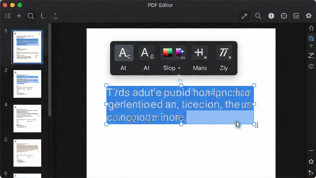 ���壺PDF Editor���������ֱ༭���棬��Ļ����ʾһ��PDFҳ�棬����һ�����ֱ�ѡ�в��������幤���������֣�������У������������������Ϸ������������ͼ�������Ű棺����Գƣ���������Ϊ��ɫ���⣬���ָ���Ϊ��ɫ����񣺱�ƽ��UI��ƣ��ִ���ࡣϸ�ڣ��������������塢�ֺš���ɫ���Ӵ֡�б���ѡ��ͼ�꣬���ֱ�Ե�й����˸�����ʣ����壬�����������޶���Ԫ�ء�