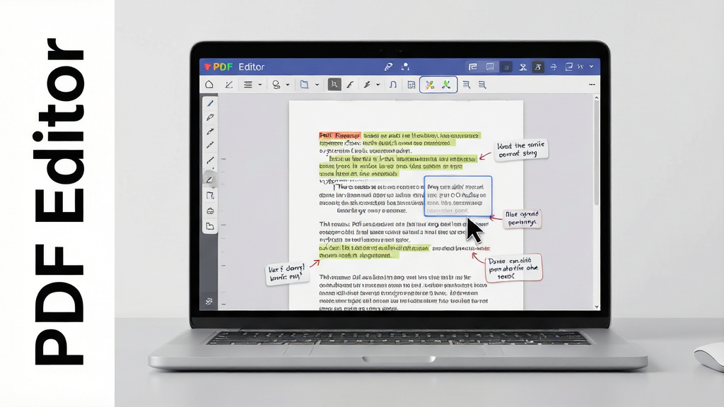 ���壺һ̨�ʼǱ�������Ļ��ʾPDF Editor�������棬��������һ�����ڱ༭��PDF�ĵ����ĵ����и������ֺ���ע�����֣����Ծ��У���Ļ���������ɼ�����Χ���ף�������������ơ�PDF Editor���������֡��Ű棺����Ϊ���壬���ܼ�࣬����Ϊǳ��ɫ����̨�档���дʵ3D��Ⱦ��񣬹�����ͣ�ɫ����Ȼ��ϸ�ڣ���Ļ��PDFҳ���Ե�й���ͼ�꣬���ָ��ָ�����֣��ĵ������ɶ������ʣ�8K�����壬ϸ�ڷḻ������ɾ����޶���Ԫ�ء�