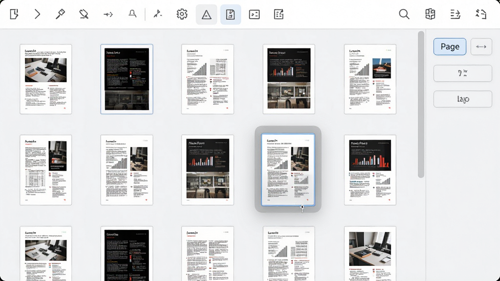 ���壺PDF Editor������ҳ��������棬��ʾ���PDFҳ������ͼ�ų�����״������һ��ҳ�汻��ק����λ�á����֣�����ͼ������У������й��������Ҳ���ҳ�������ť���Ű棺����������У�����Ϊǳɫ��������񣺼�������������������ϸ�ڣ�����ͼ��ʾ�ĵ��������ԣ���ק��ҳ���а�͸����ӰЧ������������ť��ͼ�ꡣ���ʣ����壬����ɾ����޶���Ԫ�ء�
