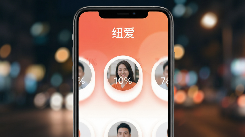 һ�������ֻ���Ļ��д����Ļ��չʾŦ��APP�������棬��������ˬ��Լ����ɫ��Ϊ��ů��ɺ�������ɫ���䣬������ʾ��Ŧ�����������·��Ǽ���Բ�ε��û�ͷ��Ƭ����Ƭ�ϵ�����ƥ��Ȱٷֱ����֣�����Ϊ�黯�ĳ���ҹ����ߣ����岼�־��У��Ű����׳��㣬����ִ���ƽ��ϸ�ڰ�����Ƭ��Ե�������Ӱ����΢�Ķ���ģ�������ʸ���ɾ����޶���Ԫ�ء�