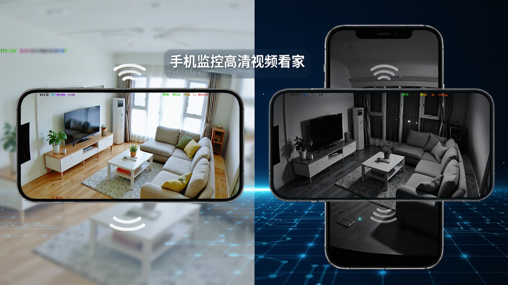 一幅高清画质对比图,左侧是明亮客厅的彩色监控画面,右侧是夜间黑白夜视画面,两幅画面均显示在手机屏幕上,屏幕旁边有“手机监控高清视频看家”的悬浮文字,背景为深蓝色科技网格,布局采用左右对称式,风格写实且细腻,强调画质的清晰度与夜视能力,画质干净无多余元素。