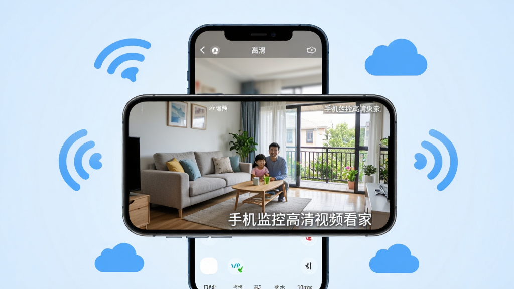 画面中央展示一款智能手机,屏幕中显示高清家庭监控画面,画面里有客厅和阳台的清晰视角,手机周围环绕着Wi-Fi信号图标和云朵图标,背景为柔和的浅蓝色渐变,整体布局简洁,突出软件的远程连接与高清画质特点,风格偏向科技感与生活化结合的现代扁平设计,细节包括界面上的“手机监控高清视频看家”文字水印,画质干净无多余元素。