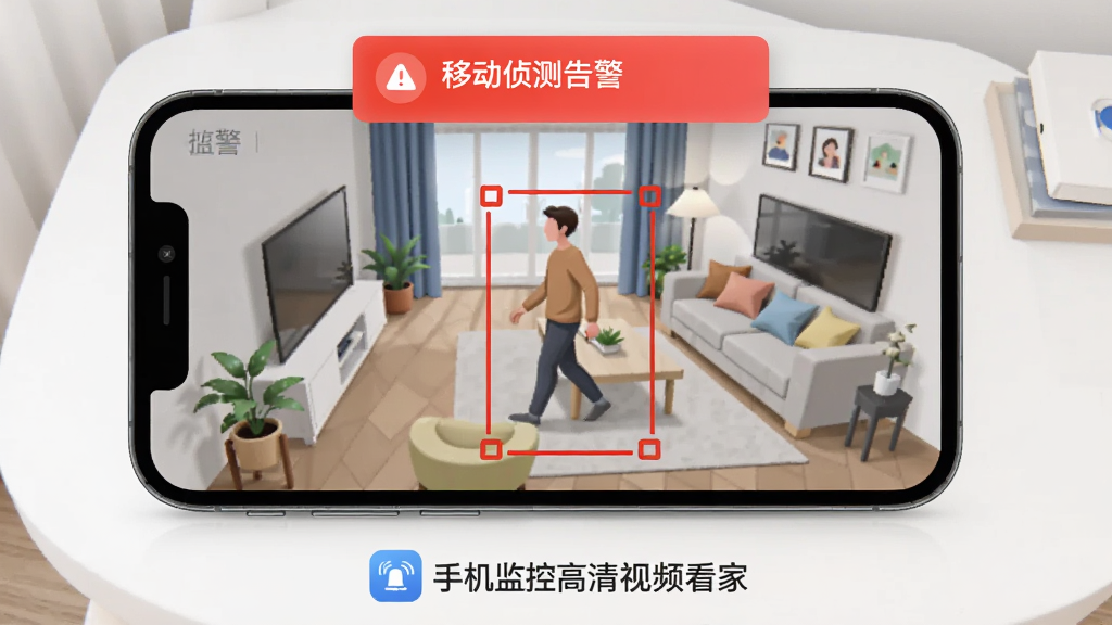 手机屏幕上展示一个家庭客厅的监控画面,画面中一个红色框自动标记出正在行走的人物,屏幕顶部弹出“移动侦测告警”通知栏,手机下方有“手机监控高清视频看家”的标识,背景为简洁的白色桌面,布局采用中心构图,风格偏向科技感插画,强调智能侦测功能,画质干净无多余元素。