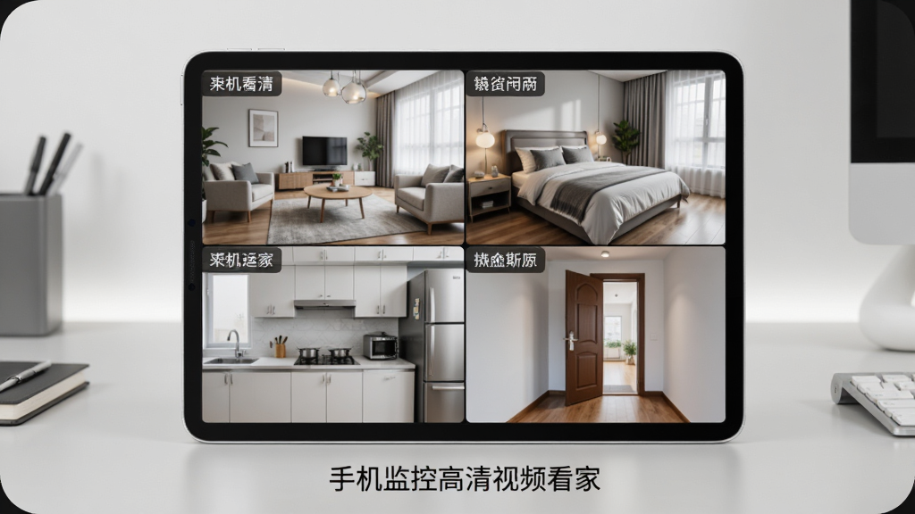 一个平板电脑横屏显示四宫格监控画面,分别展示客厅、卧室、厨房和门口四个场景,每个画面角落有摄像头名称标签,平板下方有“手机监控高清视频看家”的标识,背景为简洁的办公桌,布局采用网格分屏式,风格清爽素雅,强调多画面管理功能,画质干净无多余元素。
