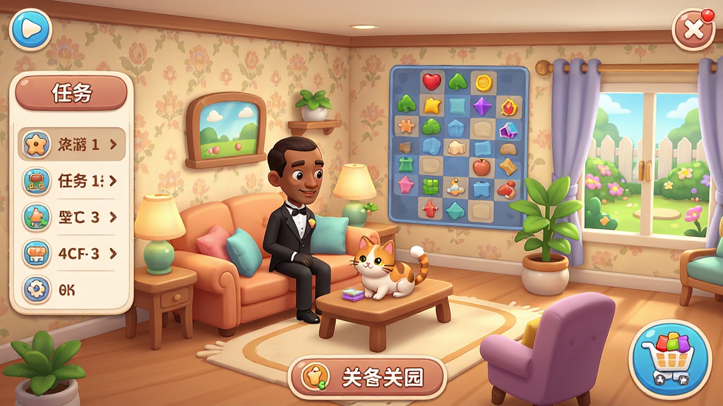 ���壺�λü�԰��Ϸ�����棬��ܰ�ĺ�լ�������ܼҰ�˹͡��è�䣬�������̣�װ�μҾߡ����֣�����Ϊ��Ϸ������������������Ҳ��̳ǰ�ť���ײ��ؿ���ڡ��Ű棺UI������ͼ��Բ��ɫ����������񣺿�ͨ�ֻ棬ɫ����ͣ�ϸ�ڷḻ�����ʸ��塣ϸ�ڣ���ֽ���ƣ�ɳ����������ֲ������Ļ�԰�����ʣ�4K���壬�ɾ����޶���Ԫ�ء�