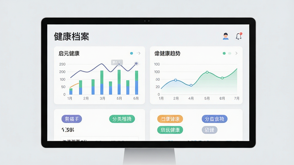 展示启元健康平台智能健康档案管理界面,屏幕上显示个人健康数据图表、趋势曲线和分类标签,背景为浅灰色,卡片式信息布局,配有“健康档案”文字标题,界面简洁专业,扁平化设计,色彩清新,画质清晰,干净无多余元素。