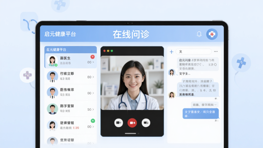展示启元健康平台在线问诊功能页面,屏幕上显示医生在线列表、视频通话窗口和文字对话界面,背景为浅蓝色,界面包含“在线问诊”字样,人物头像与医疗图标,设计现代简洁,扁平化风格,色彩柔和,画质高清,干净无多余元素。