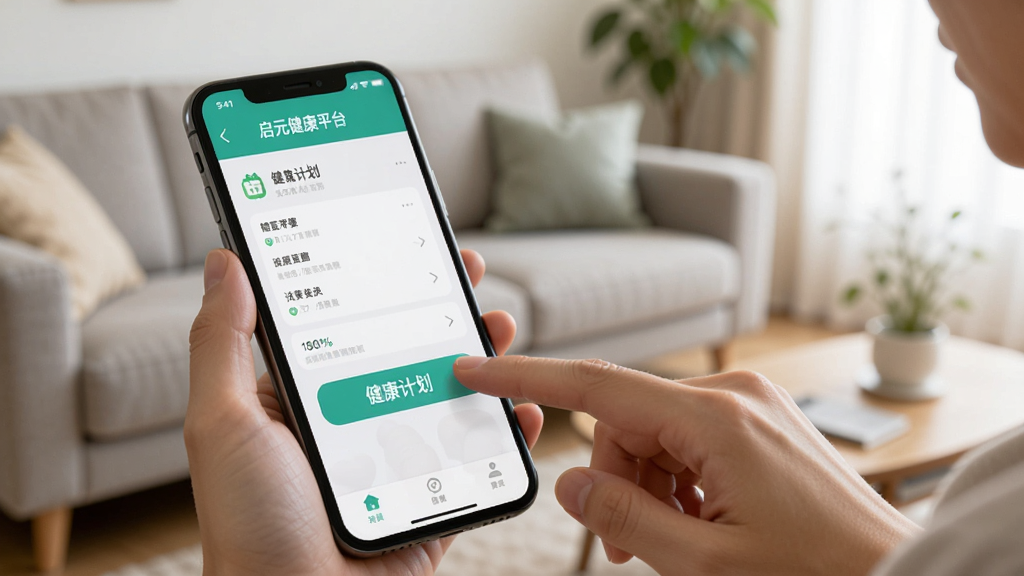 展示启元健康平台在手机上使用的场景,用户手指点击屏幕上的健康计划按钮,背景为模糊的客厅,手机界面清晰可见,画面自然,光线柔和,突出应用界面,干净无多余元素。