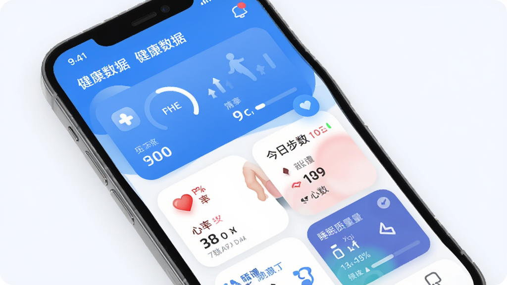 展示启元健康平台手机应用主界面,界面包含健康数据仪表盘、今日步数、心率、睡眠质量等卡片式布局,整体风格清新简洁,以蓝色和白色为主色调,图标圆润,背景干净,界面采用扁平化设计,细节丰富,画质高清,干净无多余元素。